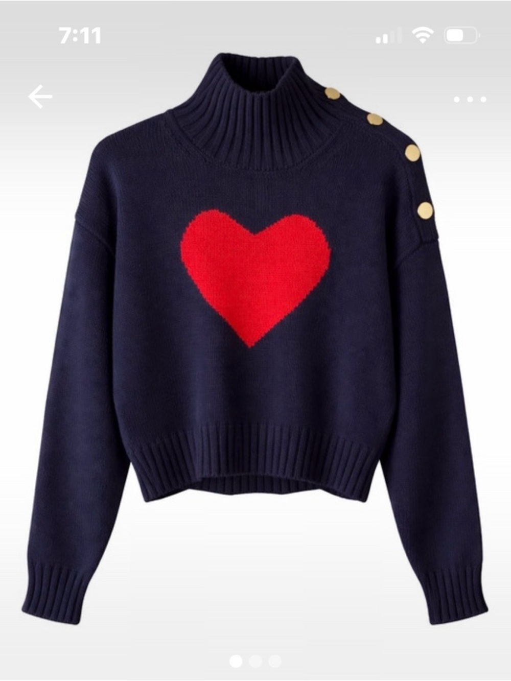 Navy Turtleneck Sweater with Red Heart and Gold Shoulder Buttons